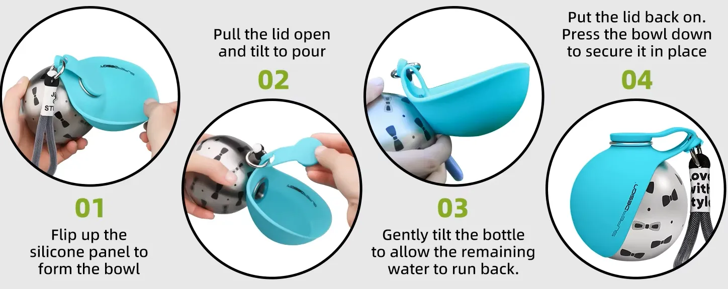 Four steps: flip up the silicone panel, pull the lid open and pour, tilt remaining water back, press the bowl down to secure